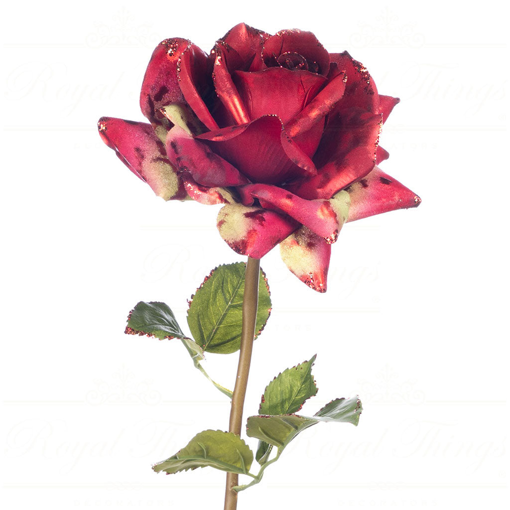 Metallic Rose Flower on Stem Red 56cm