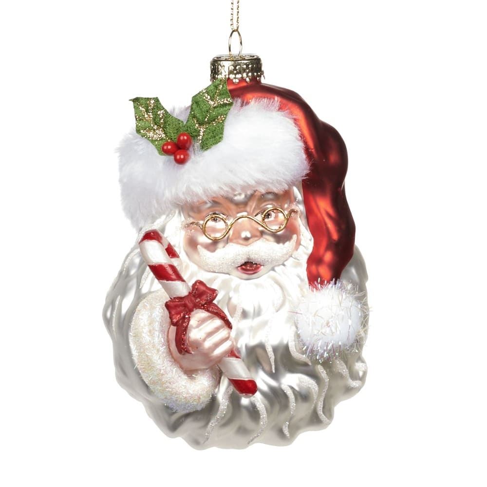Ornamento in Vetro Testa di Babbo Natale con Candy Cane