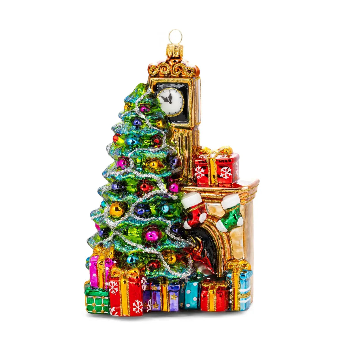 Huras Family Foundation Tree Clock and Fireplace