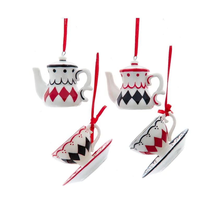 Ornamenti teiera e tazza a scacchi, 4 pezzi assortiti J7842