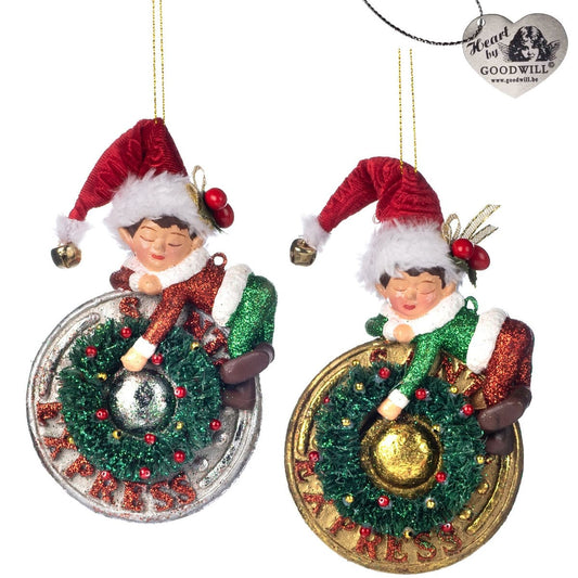 + Santa Expr.Sleep.Elf Orn Ass/2 Rd/Grn 14Cm - Goodwill Christmas Decoration | North Pole Christmas Shop®