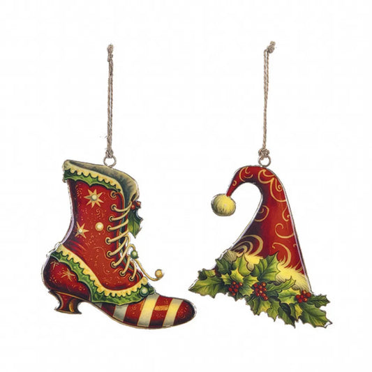 Set 2 Decorazioni Metallo Scarpone e Cappello da Elfo Vintage