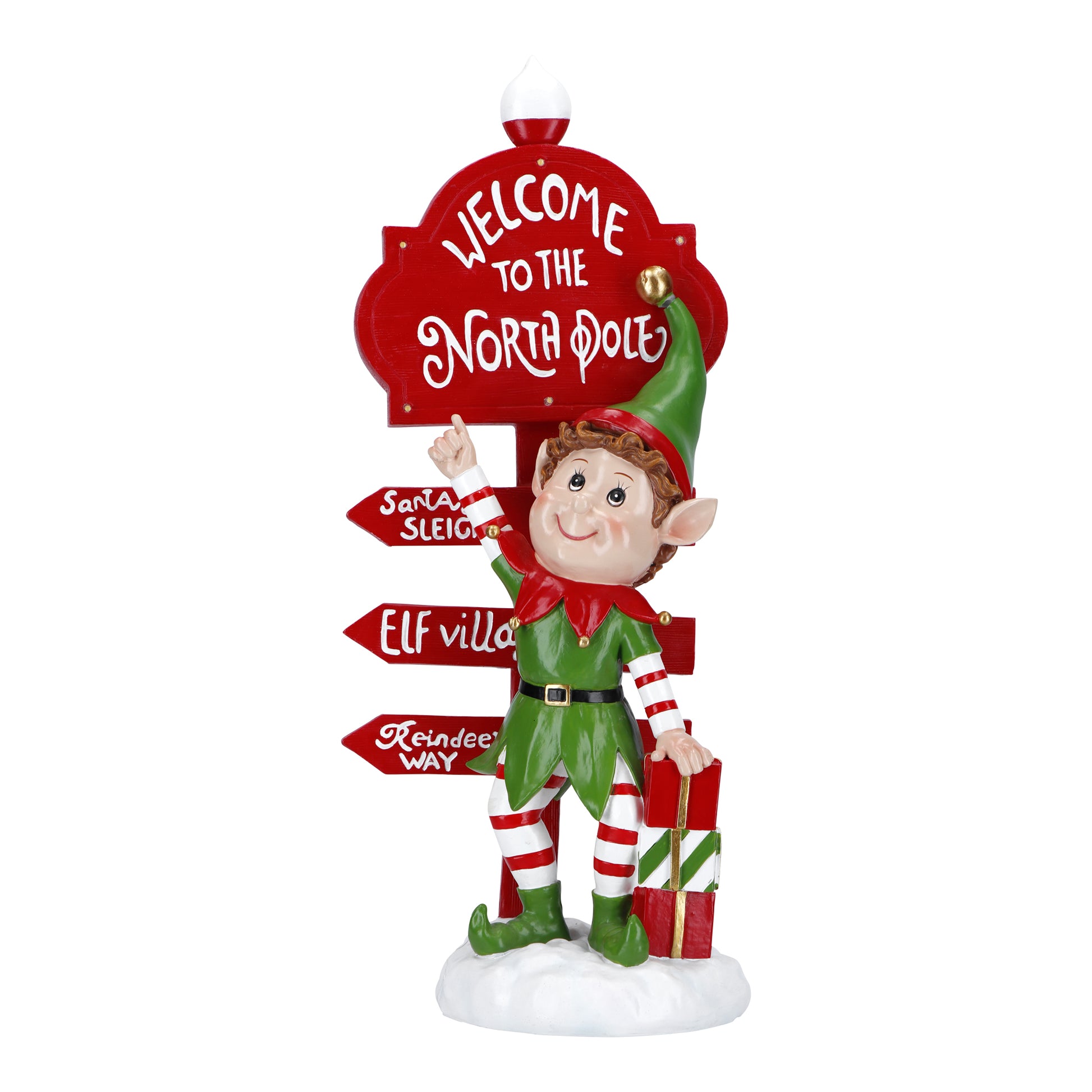 Elfo con cartello "Welcome to the North Pole"