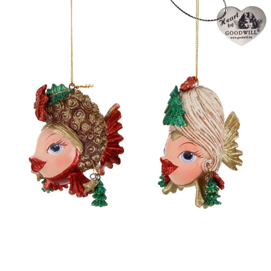 Xmas Couture Fish Big Hair Orn Ass/2 Rd/Gld 10Cm - Goodwill Christmas Decoration | North Pole Christmas Shop®