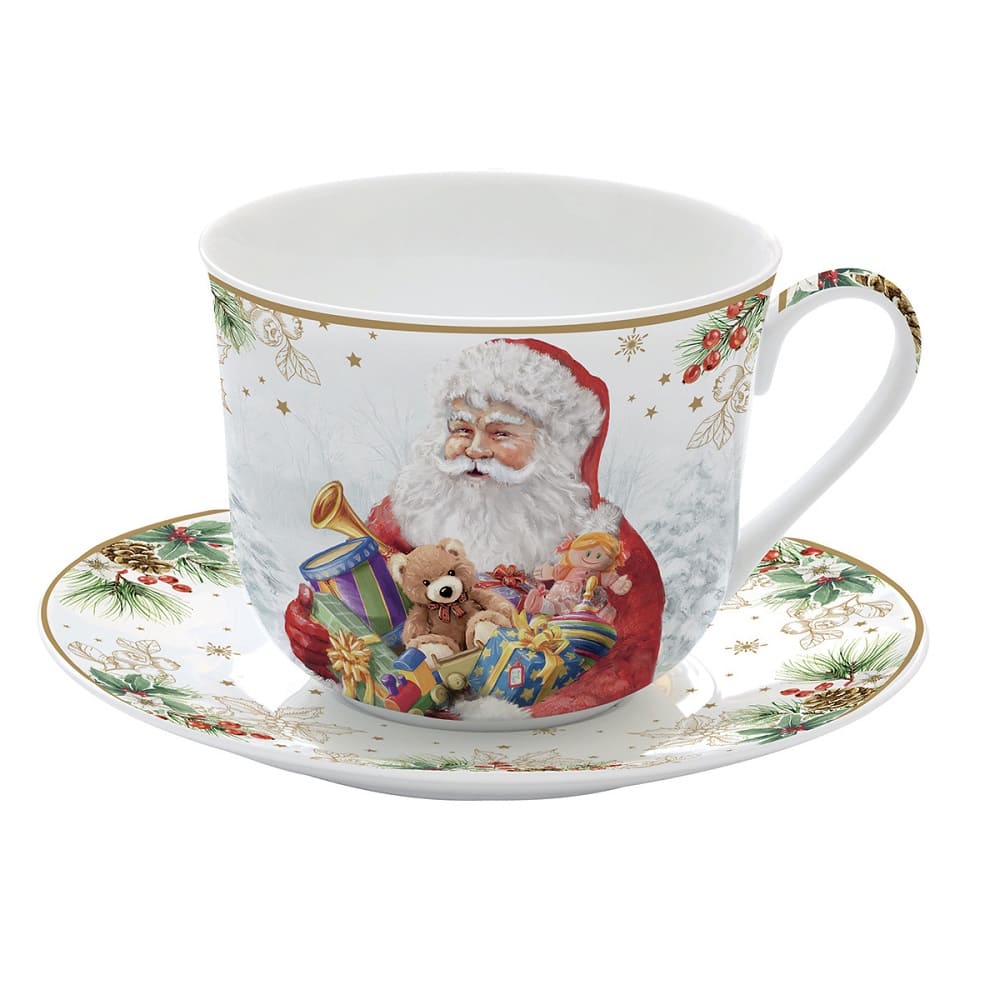 Acquista in Italia Tazza colazione con piatto in porcellana Santa is coming, articolo R1454#SANC della collezione di Easy Life.