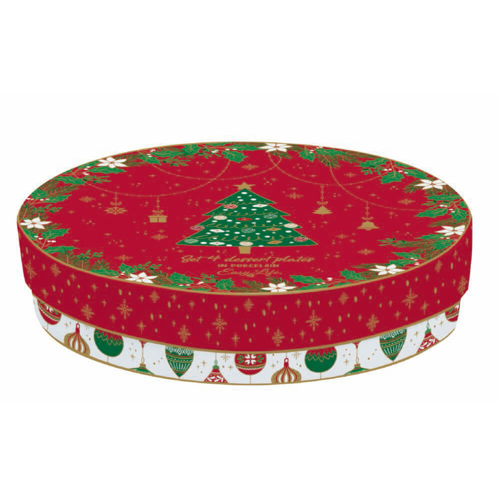 Set Di 4 Piatti Natalizi In Porcellana – Diametro 19,3 Cm – Confezionati In Elegante Scatola Regalo